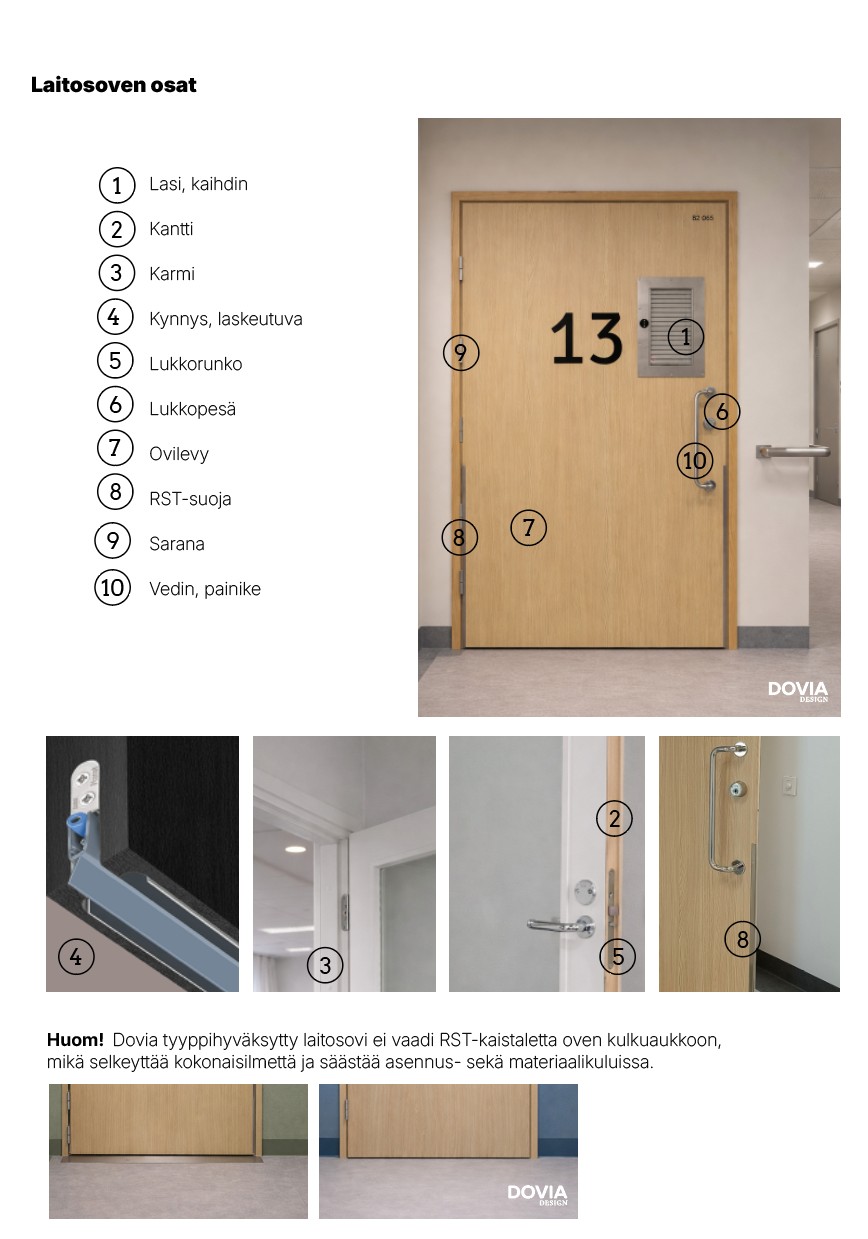 Sairaalan potilashuoneen ovi, laitosovi, laminaattiovi, palo-ovi, tyyppihyväksytty laitosovi