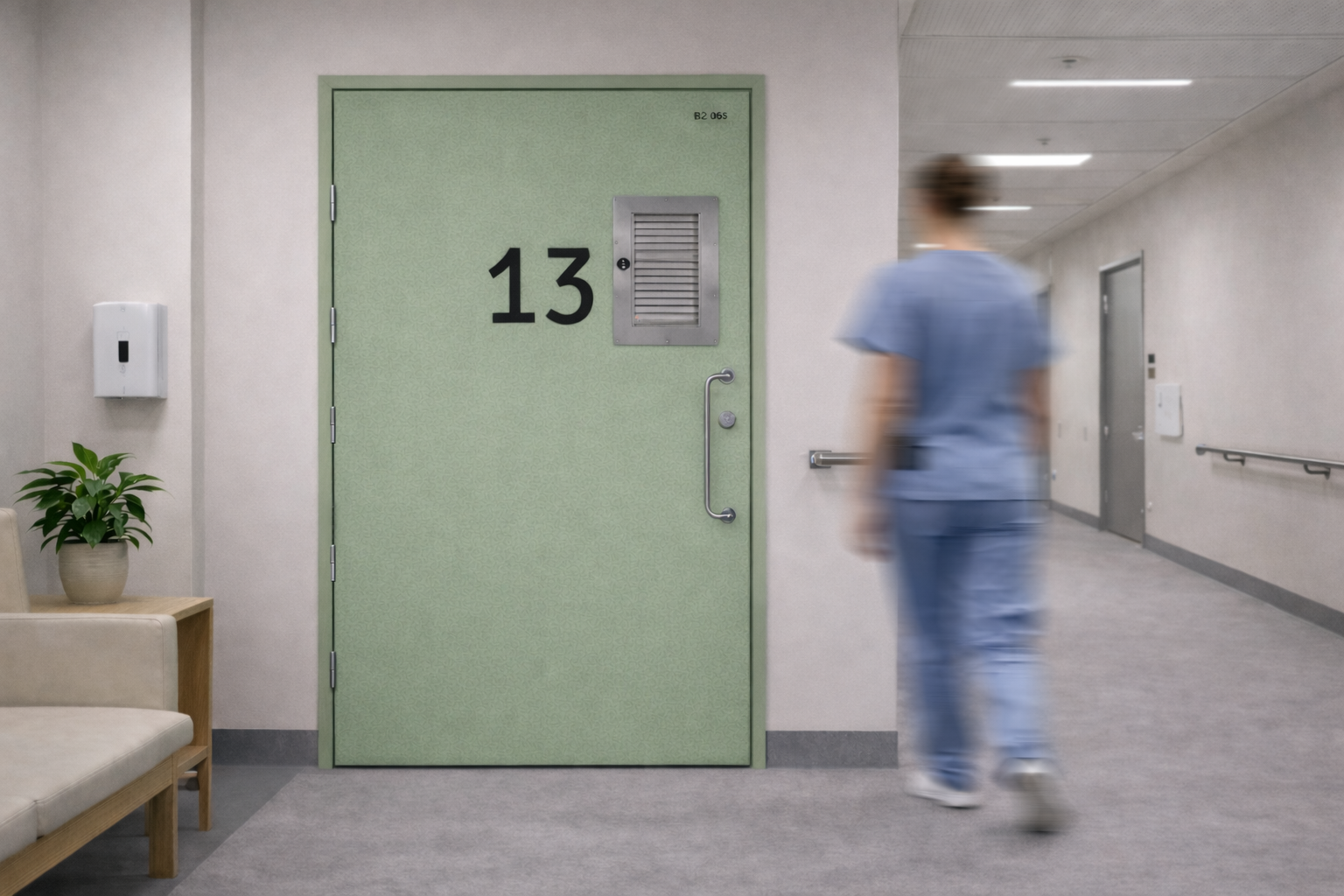 Sairaalan potilashuoneen ovi, laitosovi, laminaattiovi, palo-ovi, tyyppihyväksytty laitosovi