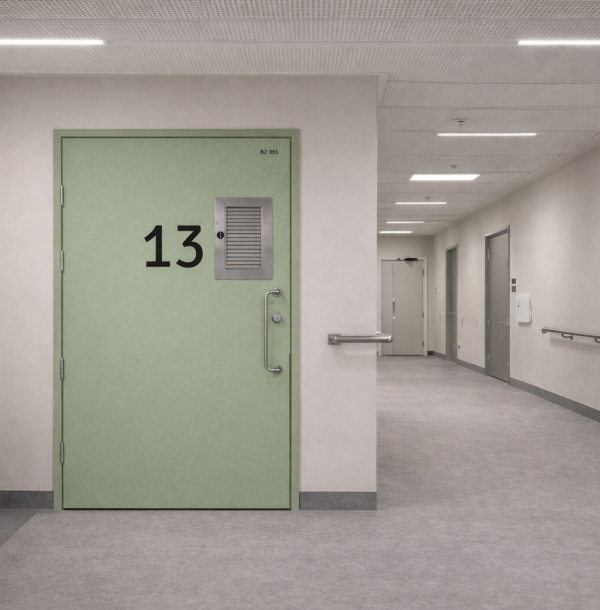 Sairaalan potilashuoneen ovi, laitosovi, laminaattiovi, palo-ovi, tyyppihyväksytty laitosovi